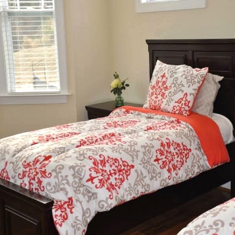 PB Reversible Comforter Twin / Twin Xl Floral Pink Bright Coral White Tan